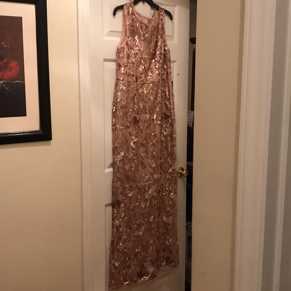 ADRIANA PAPELL rose gold  LONG sequined DRESS